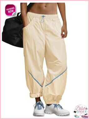 Womens Baggy Wide Leg Track Pants Elastic Waist Cuffed Hem Drawcord Pockets